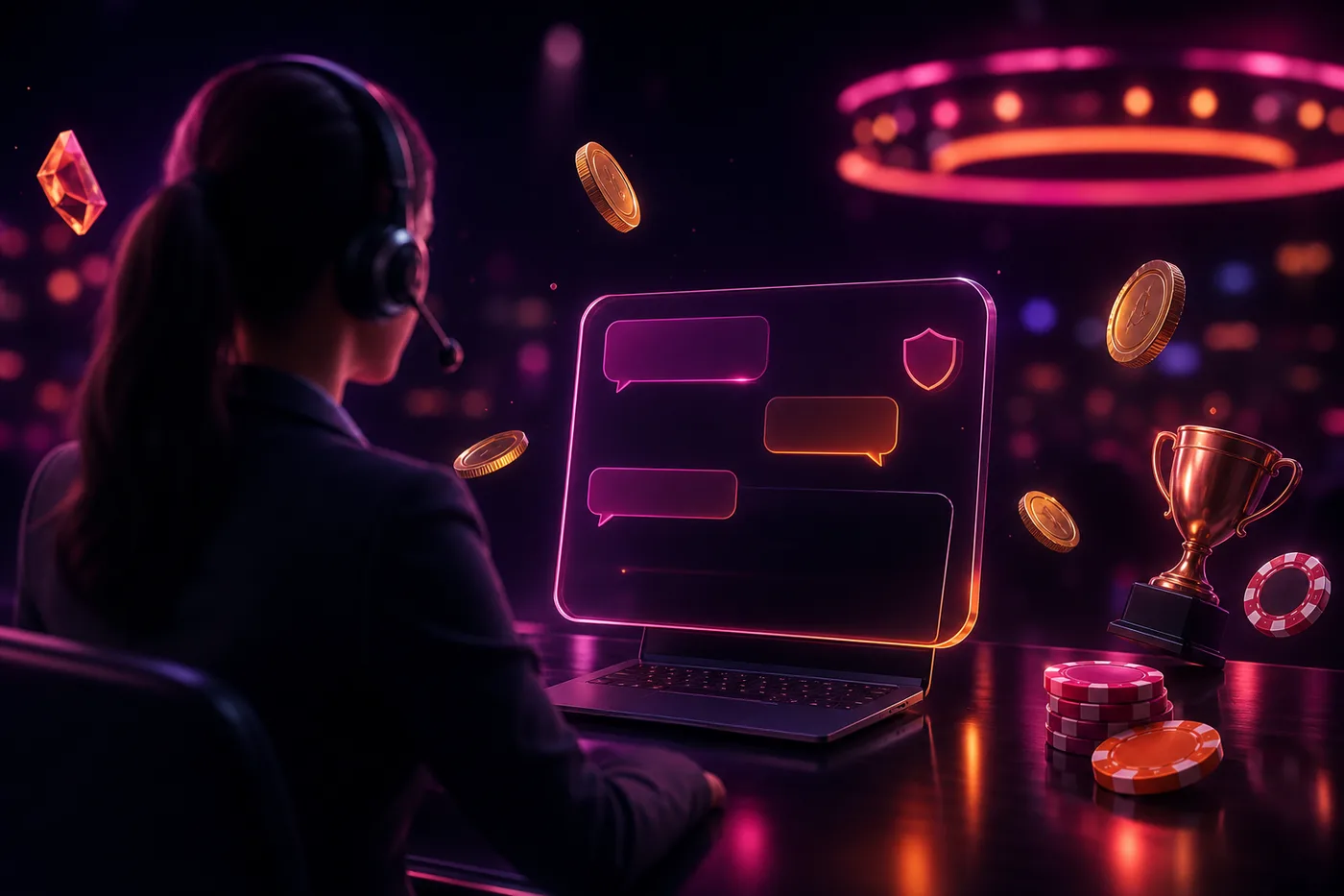 Supportmedarbetare med headset svarar på frågor från spelare